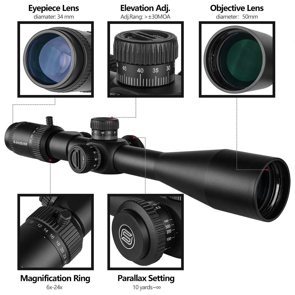 SPINA Optics Toxin HD 6-24x50 FFP Illuminated MOA-X SF 30mm 1/8 MOA Rifle Scope