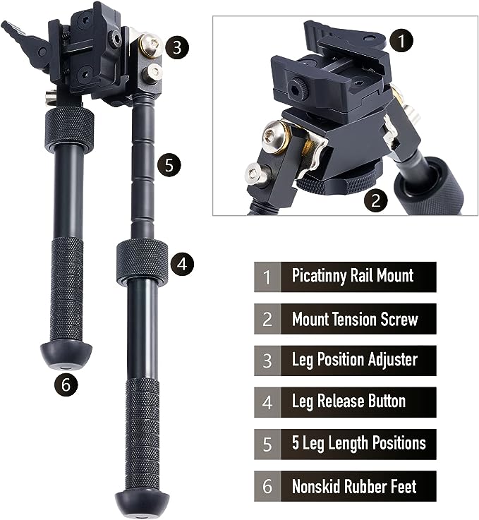 T-Eagle V8 Aluminium 6-9 Inch Notched Leg Bipod with Swivel Stud Picatinny Mount