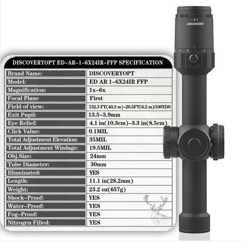 Discovery Optics ED AR 1-6x24 FFP Illuminated 1/4 MOA 30mm Rifle Scope – Free Weaver/Picatinny Mounts Included 