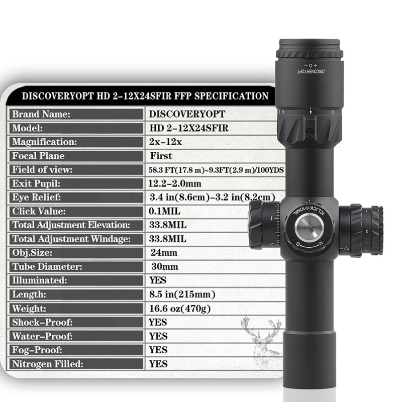 Discovery Optics HD 2-12x24 SF IR FFP 0.1MIL 30mm Rifle Scope