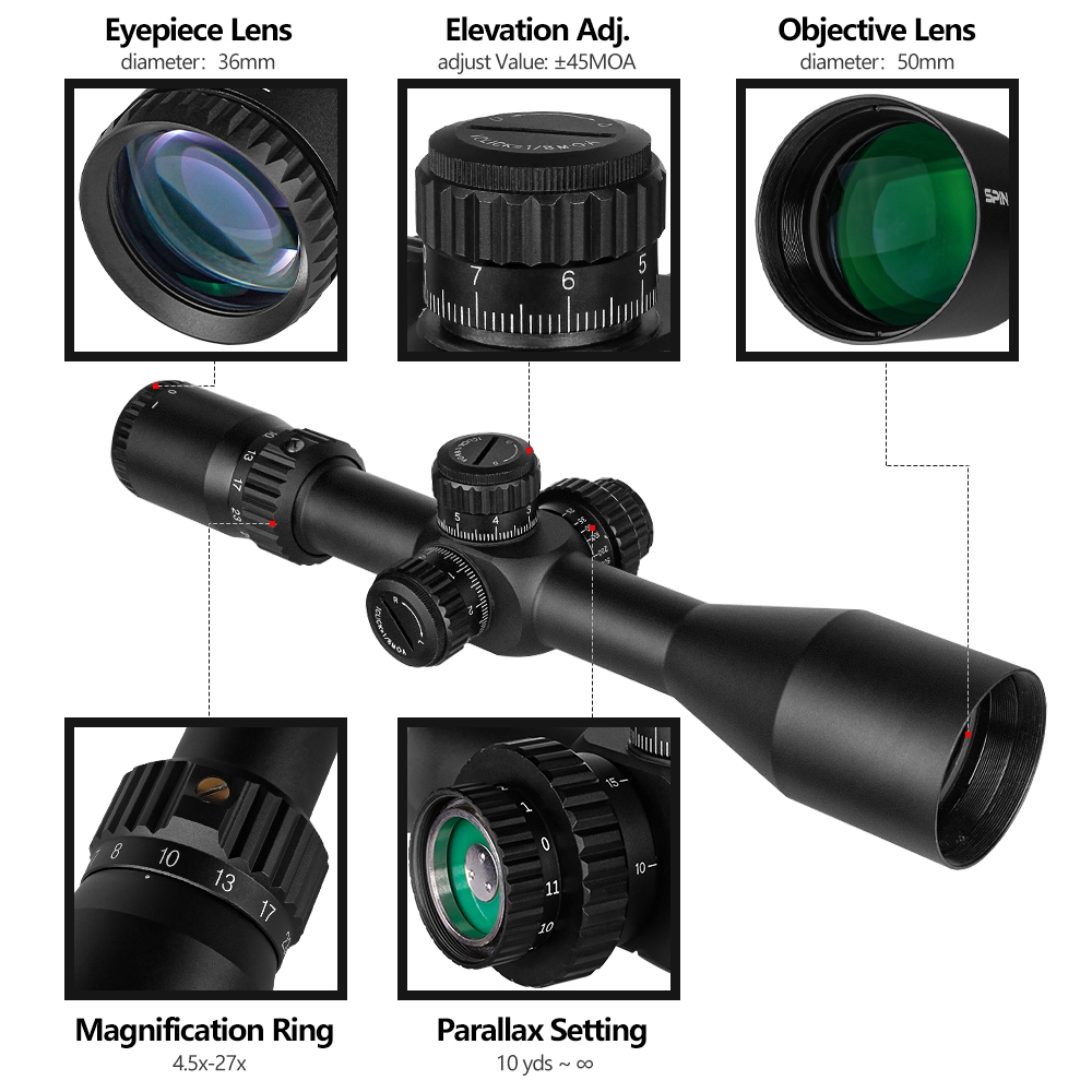 SPINA Optics Mutant 4.5-27x50 FFP Illuminated Milling 1/10 MOA SF 30mm Rifle Scope with Weaver Rings