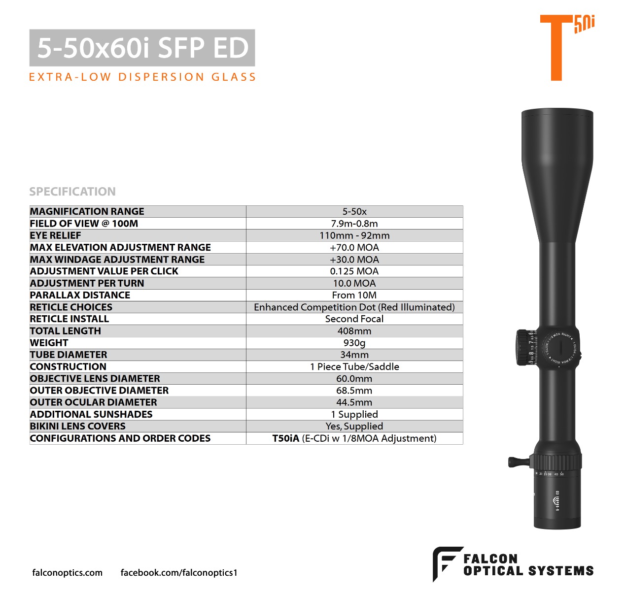  Falcon T50i 5-50x60i SFP ED E-CDi 1/8MOA 34mm Rifle Scope